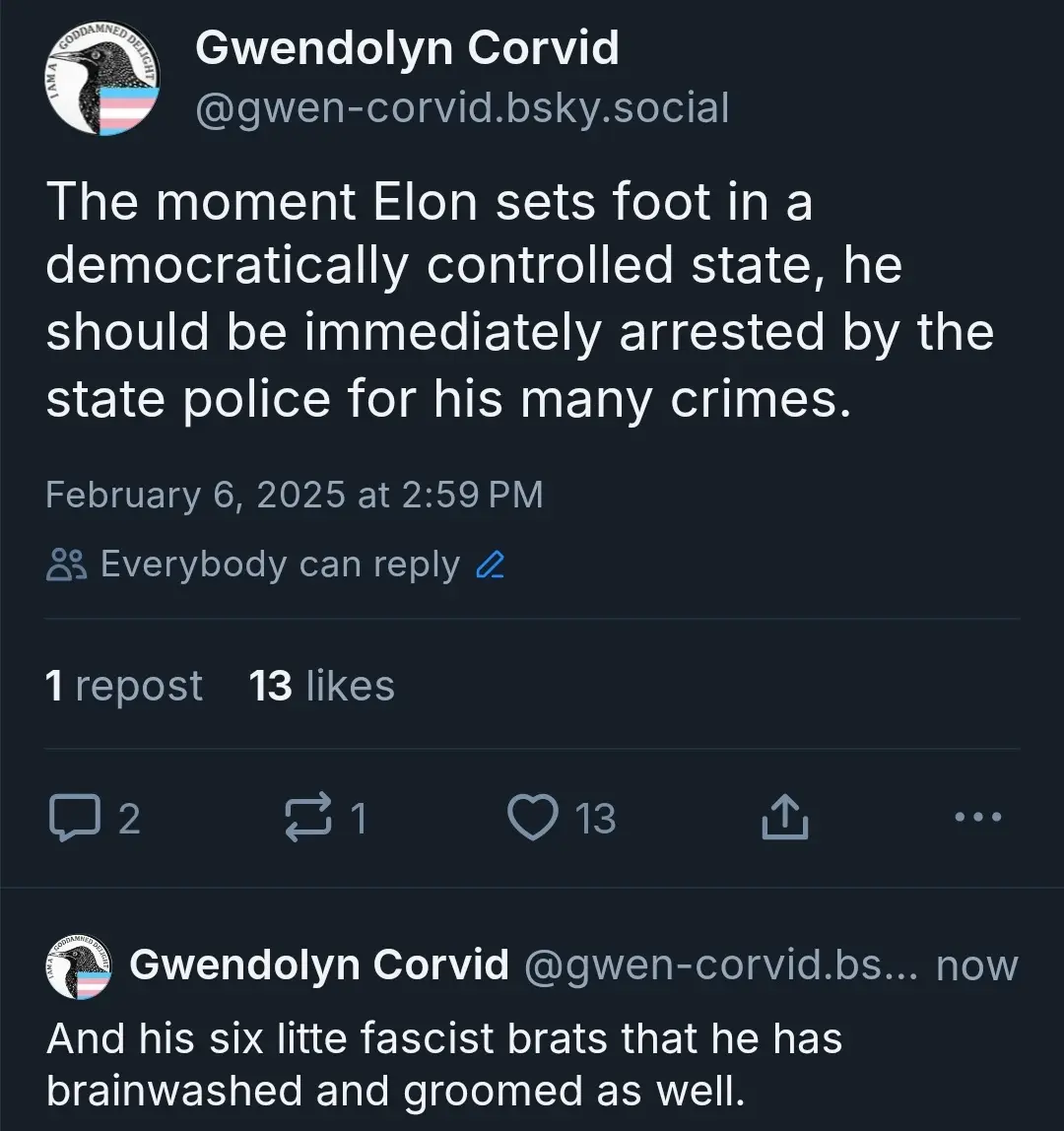A screenshot of a Bluesky social media post by user Gwendolyn Corvid, showing two replies. The first post reads: 'The moment…