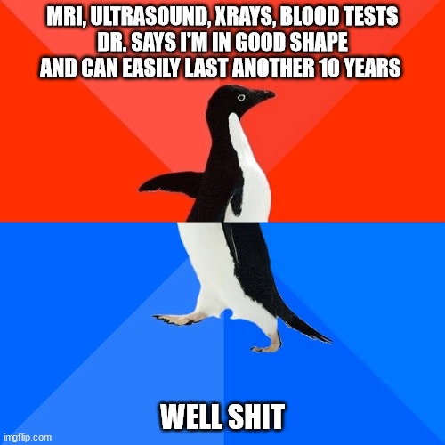 An image of an Adélie penguin walking forward against a red and blue background. The top text reads 'MRI, ULTRASOUND…