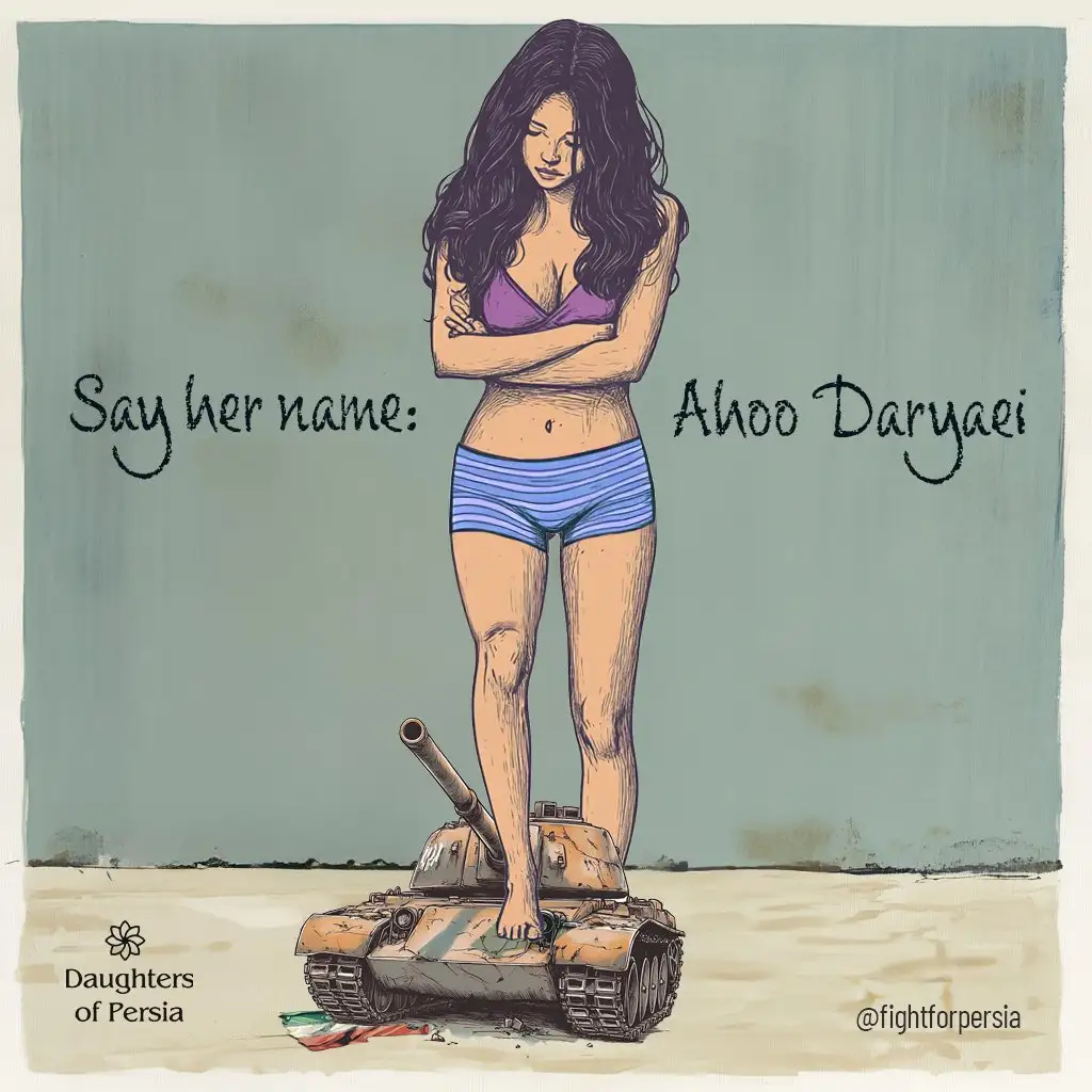 An illustration shows a woman in a bikini standing with her arms crossed atop a tank in a desert setting. Text overlaid on…