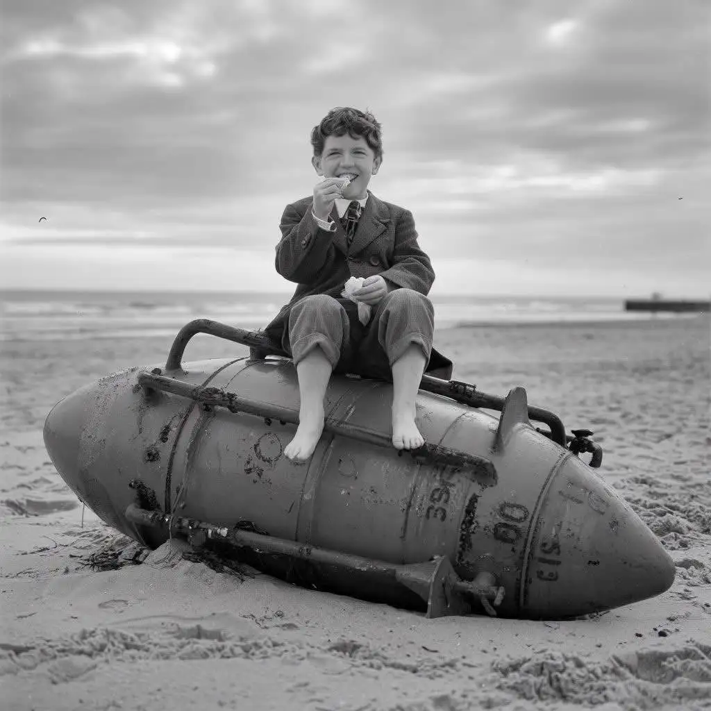 A young boy in a suit sits barefoot on a large, weathered torpedo on a sandy beach, happily eating a sandwich while smiling…