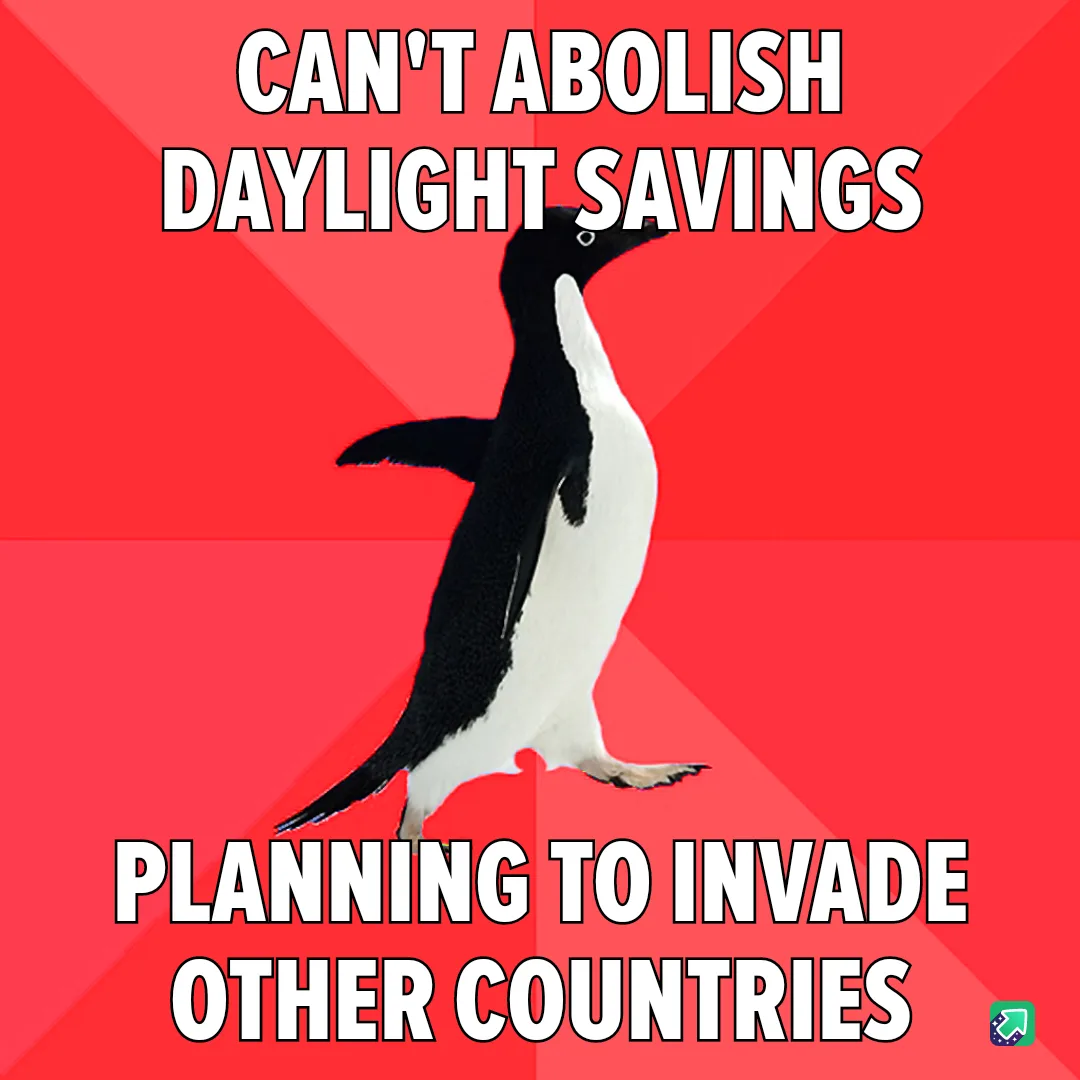A black-and-white penguin stands upright against a red background with diagonal stripes. White bold text at the top reads…