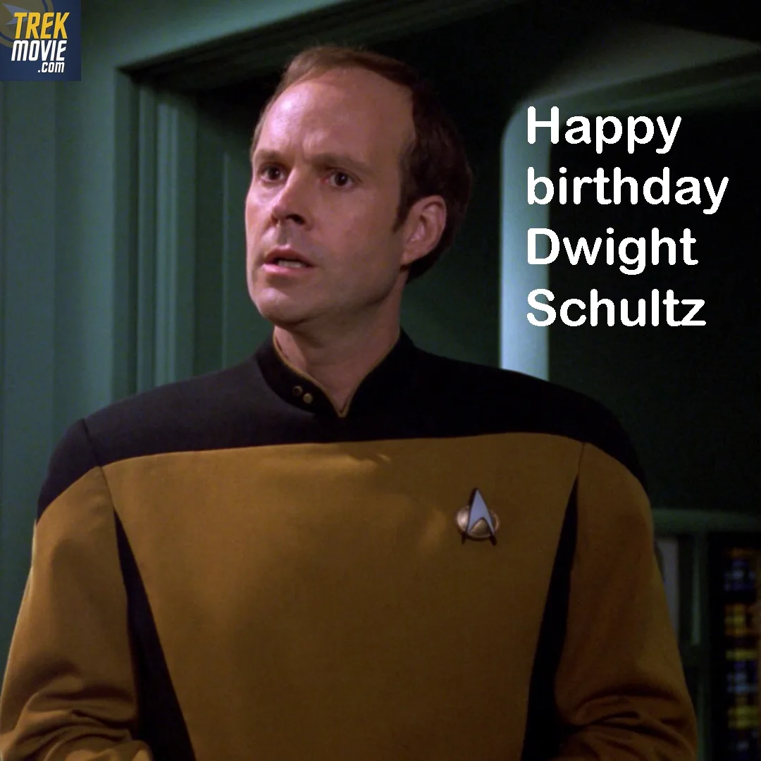 A man in a Star Trek uniform with a surprised expression, overlaid with the text 'Happy birthday Dwight Schultz'. The image…