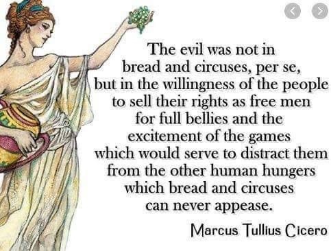 An illustration of a classical Roman woman in draped robes holding a basket and a sprig of laurel, overlaid with a quote…