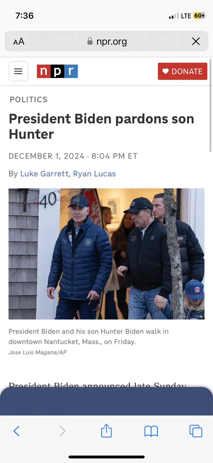 A screenshot of an NPR news article from December 1, 2024, showing a photo of President Biden and his son Hunter Biden…