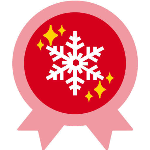 A red circular badge with a white snowflake and yellow sparkles. The snowflake is centered and surrounded by four yellow…