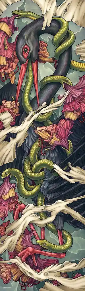 A surreal, vertically oriented illustration depicts a large black bird with a long red beak, entangled and partially…