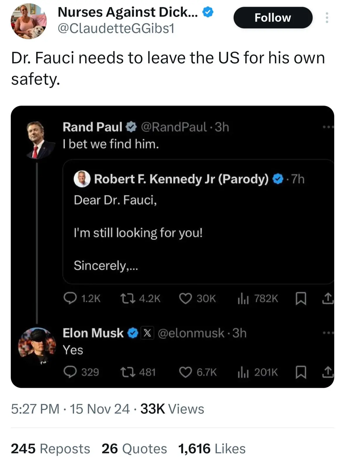 A screenshot of a Twitter thread shows Rand Paul saying 'I bet we find him,' followed by a parody account 'Robert F. Kennedy…