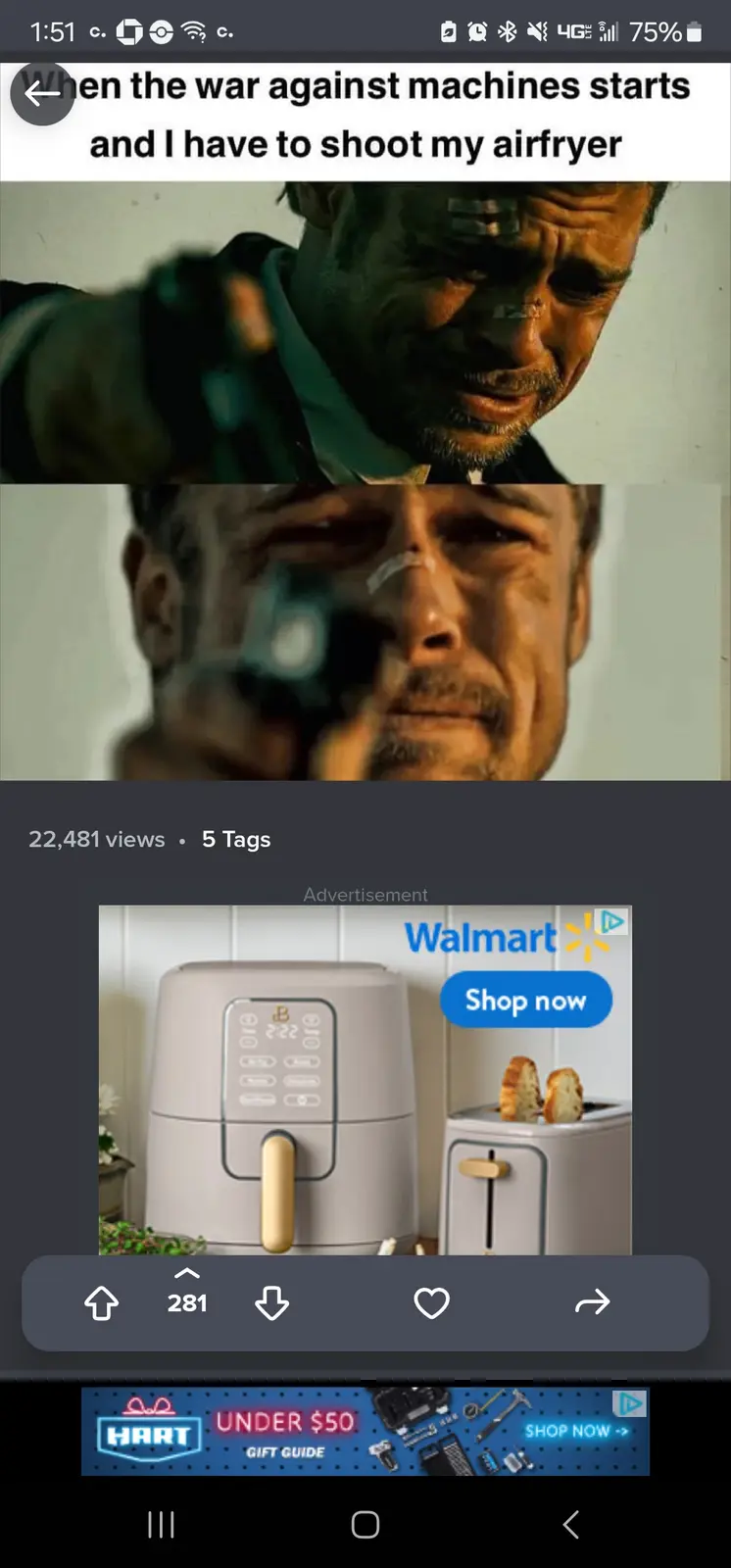 The image shows a man with a bandaged nose and forehead, looking distressed while holding a gun pointed forward. The…