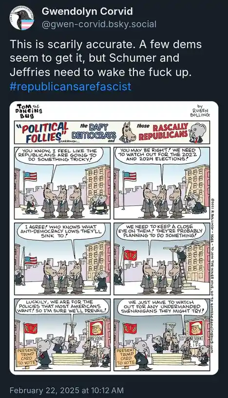 A six-panel comic strip by Ruben Bolling titled 'Political Follies' shows Democratic donkeys warning Republican elephants…