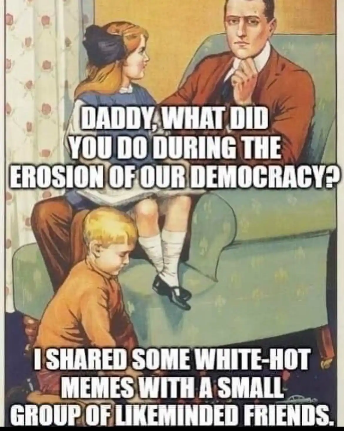 An old-fashioned illustration shows a girl asking her father a serious question while a boy looks down. The text overlays…