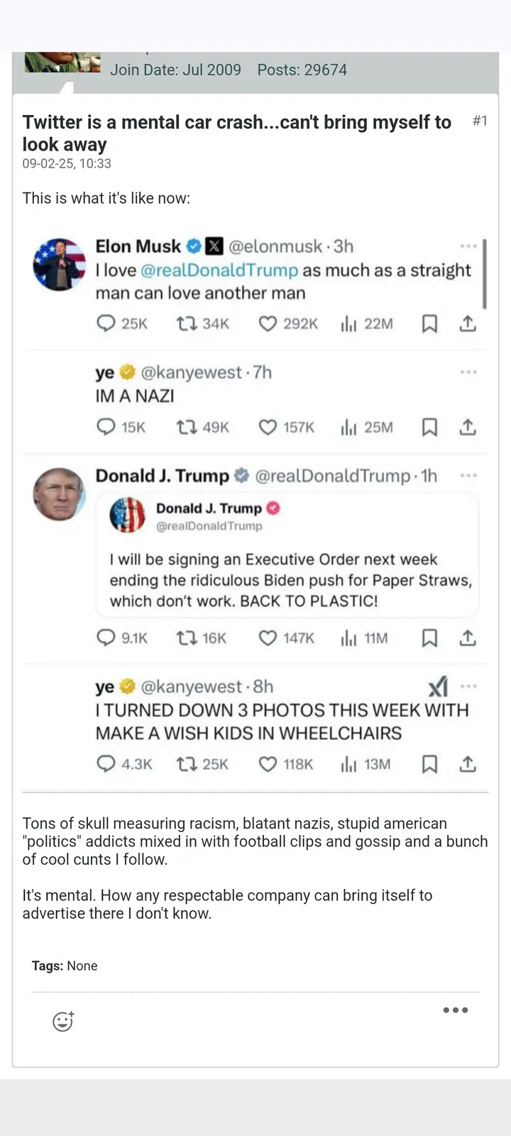 A screenshot of a forum post showing a user's complaint about Twitter's content, featuring overlaid tweets from Elon Musk…