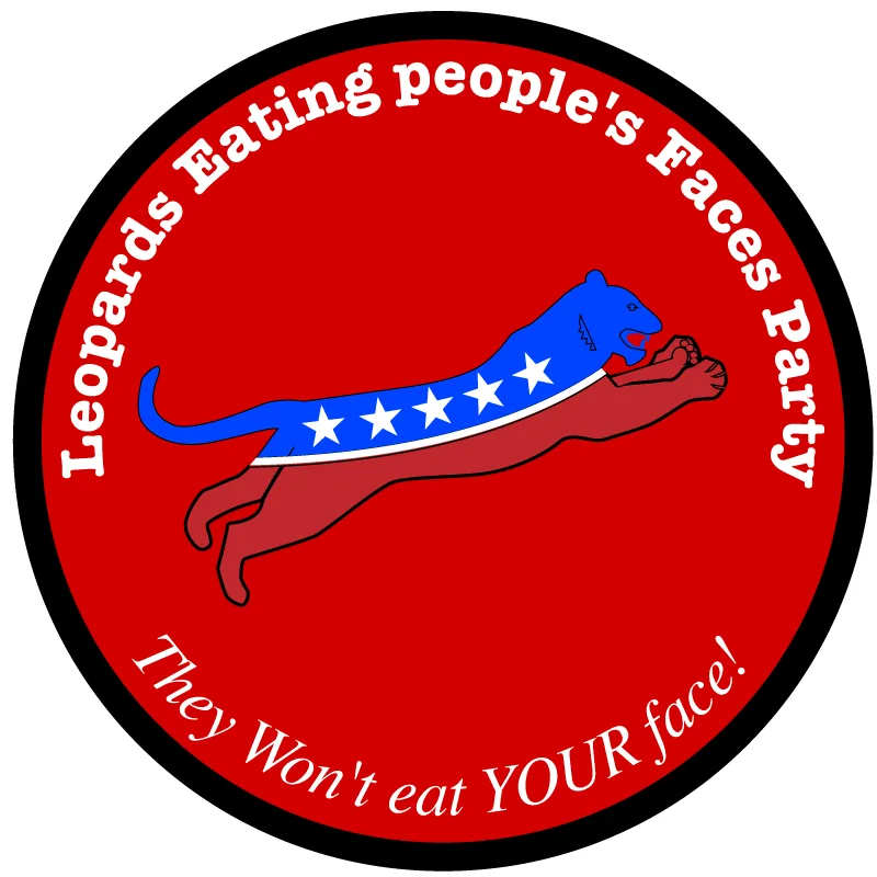 A circular red logo features a stylized blue leopard with white stars on its back, biting into a human face. The text…