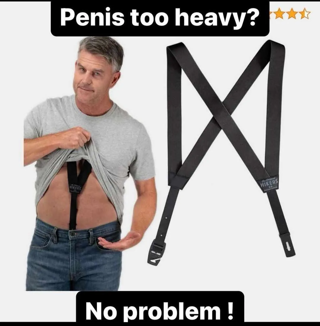 A man in a grey t-shirt and jeans lifts his shirt to reveal a black supportive strap attached to his waistband. Beside him…