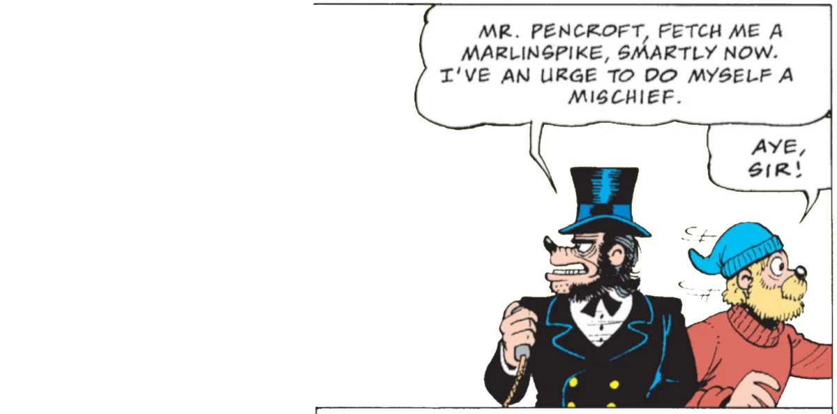 A comic strip panel shows a man in a top hat and formal coat demanding a marlinspike from Mr. Pencroft, stating he has an…