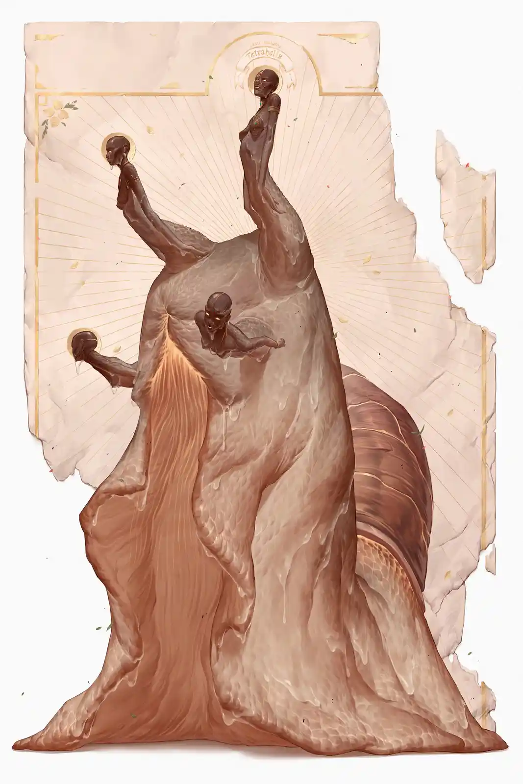 An illustration depicts a large, brown, slug-like creature with four human-like figures emerging from its body, each with a…