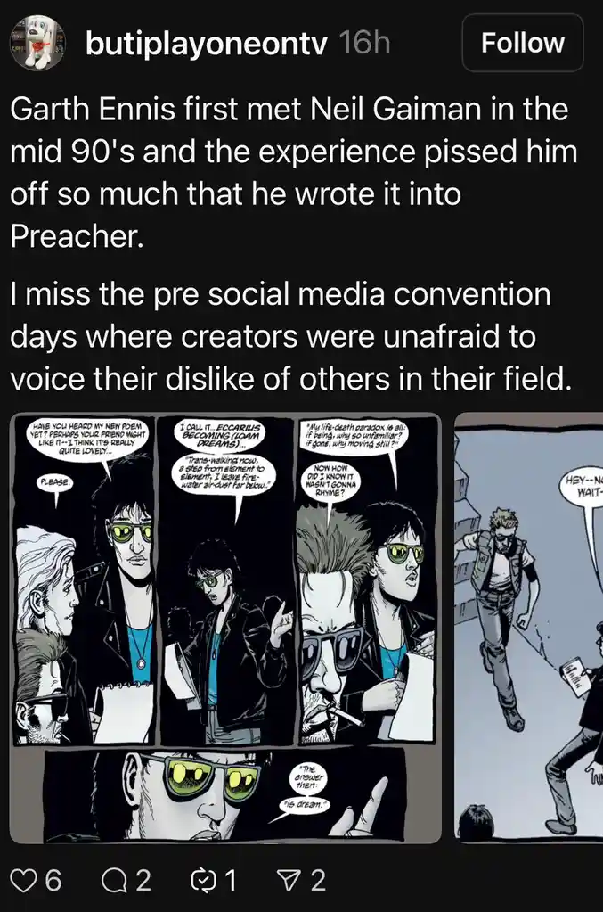 A comic strip panel from 'Preacher' shows a character with green sunglasses listening to a poet recite a poem called…