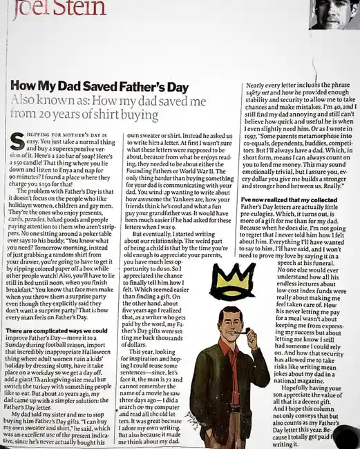 A newspaper article titled 'How My Dad Saved Father's Day' features a cartoon illustration of a man in a green jacket and…