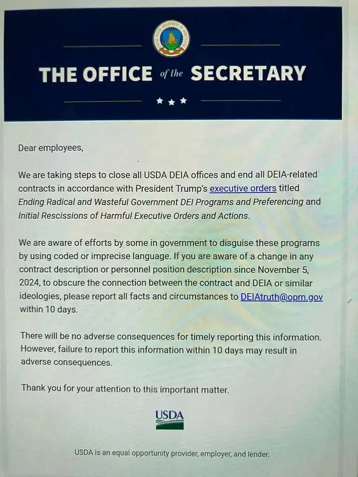 A screenshot of a formal-looking letter from 'THE OFFICE of the SECRETARY' of the USDA, addressed to employees. The letter…