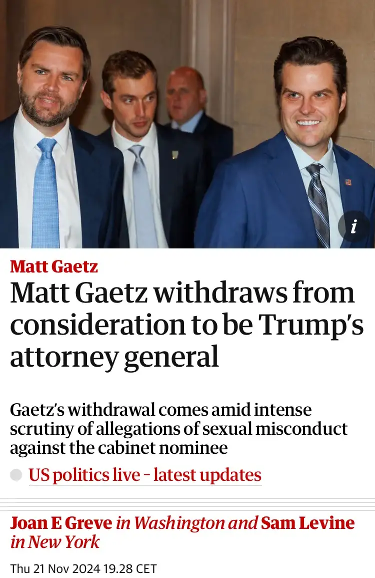 A screenshot of a news article headline about Matt Gaetz withdrawing from consideration to be Trump's attorney general…