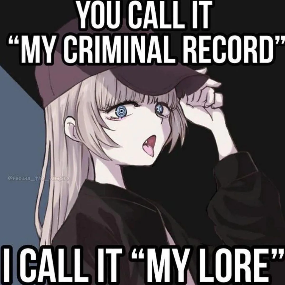 An anime girl with pale skin, silver hair, and blue eyes, wearing a dark hat and jacket, looks shocked with her hand on her…