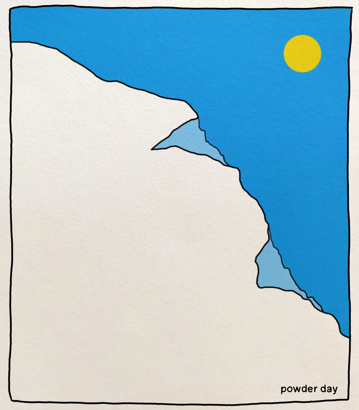 A minimalist cartoon drawing shows a large white snowy mountain slope under a blue sky with a yellow sun in the top right…