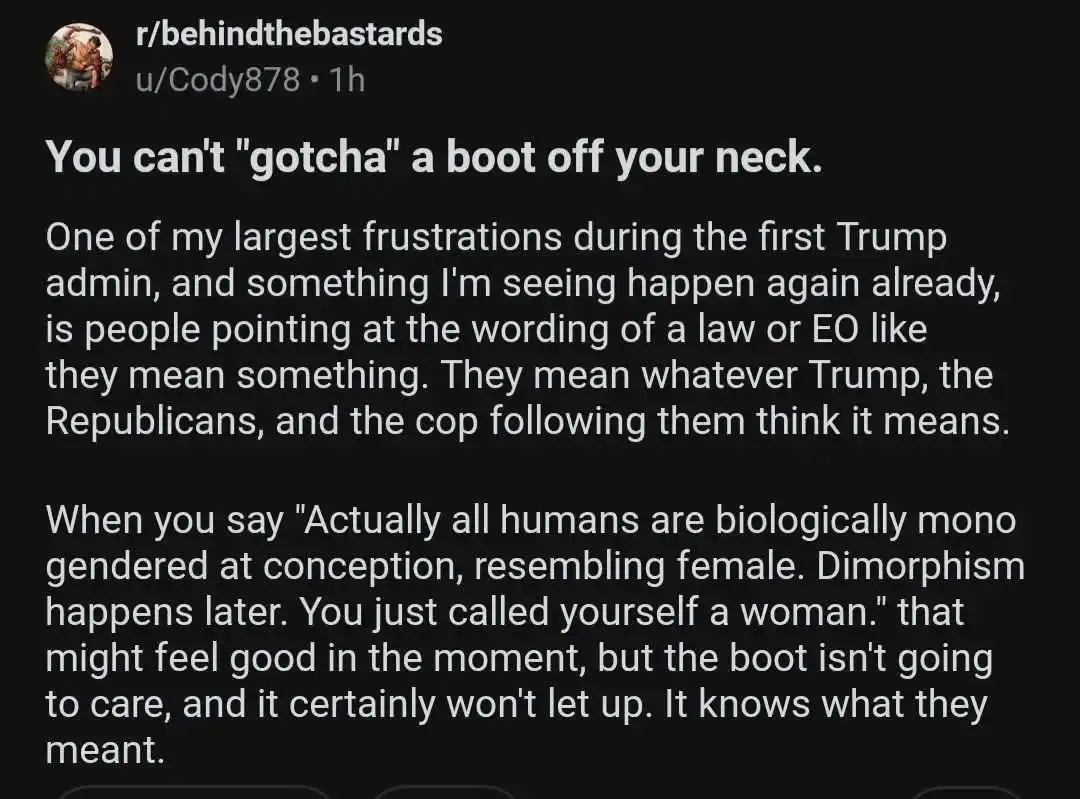 A screenshot of a reddit post from r/behindthebastards by user u/Cody878, featuring white text on a black background. The…