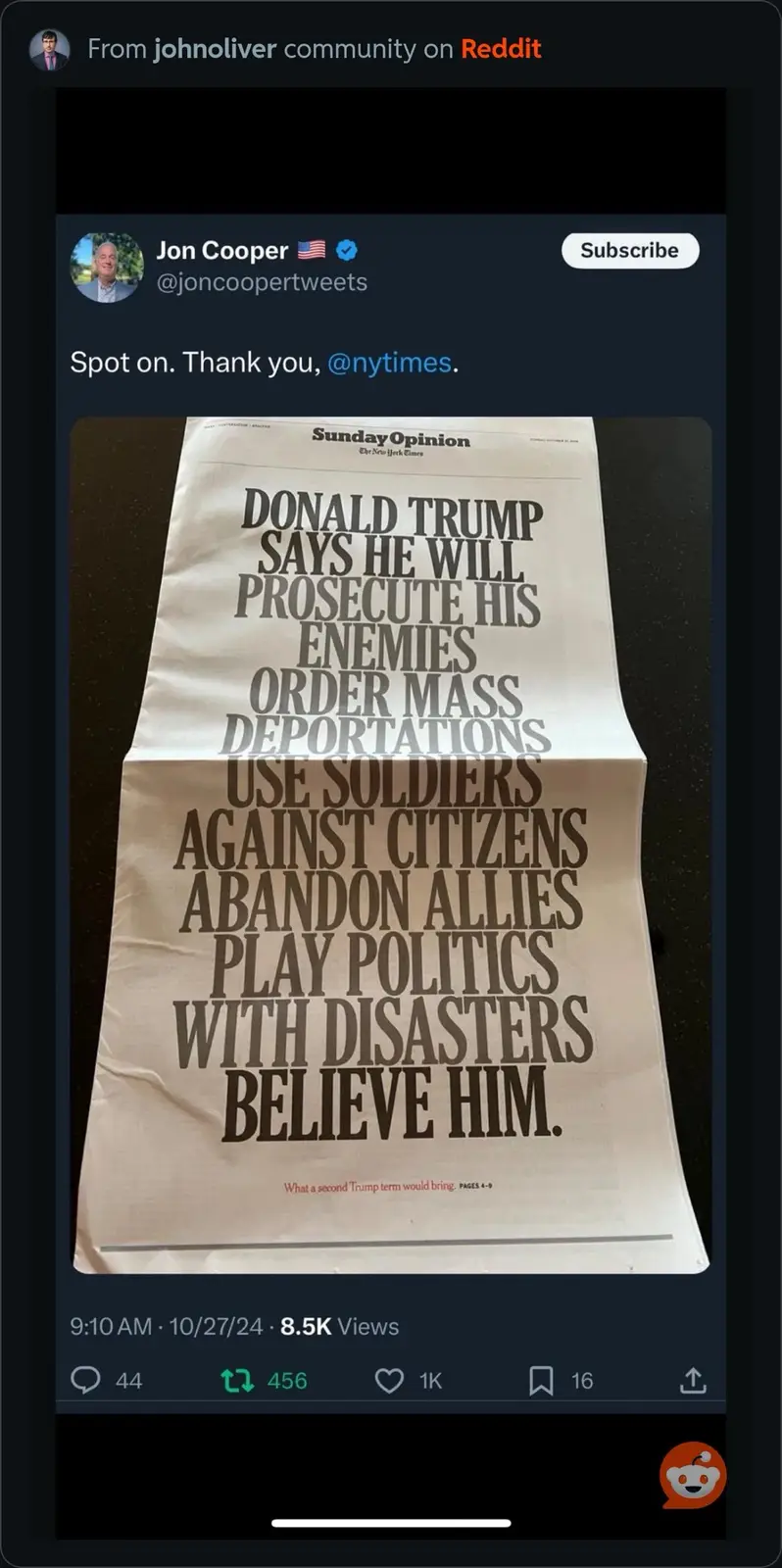 A screenshot of a tweet by Jon Cooper showing a folded New York Times Sunday Opinion newspaper with a large headline listing…