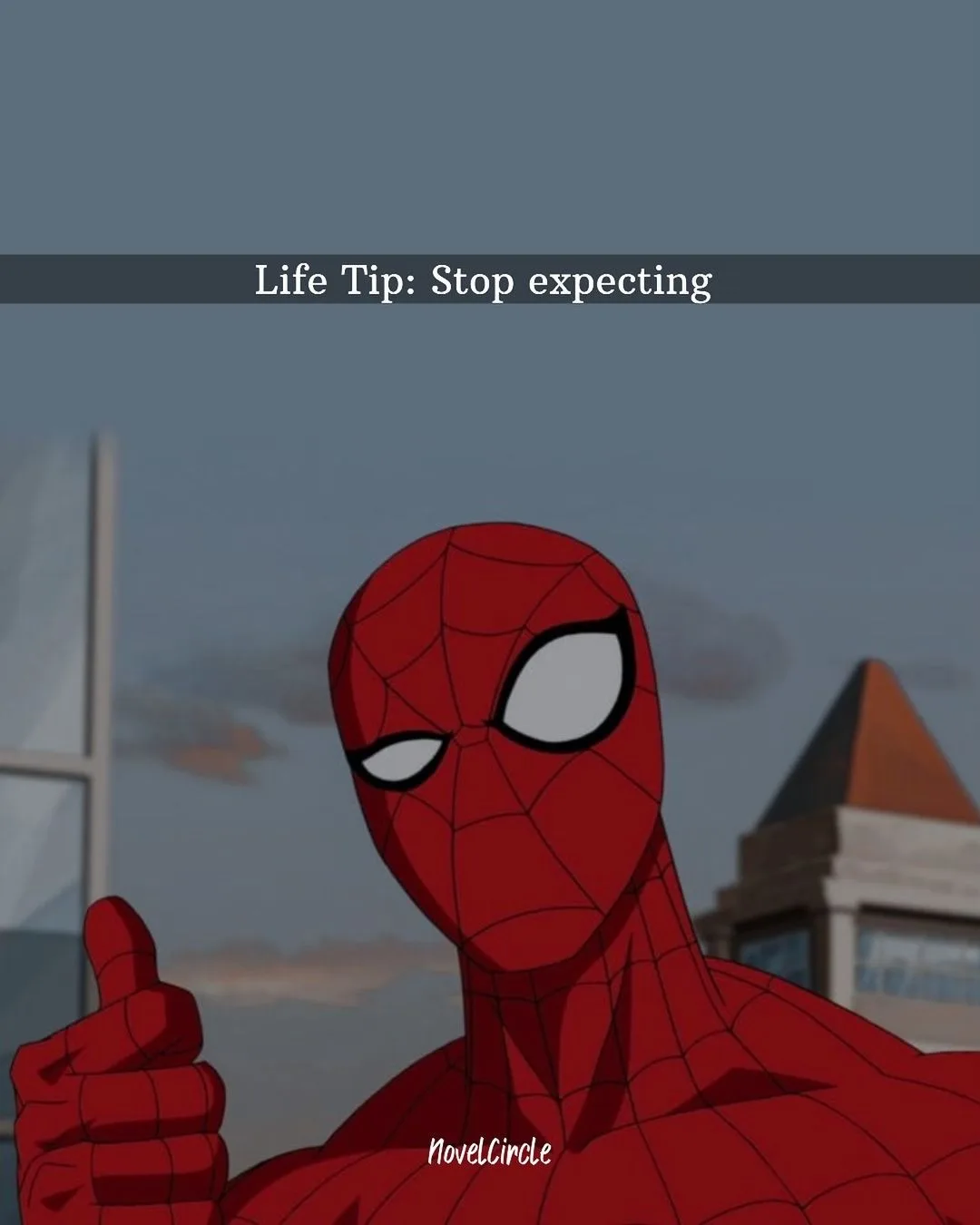 An animated Spider-Man gives a thumbs-up gesture while looking slightly smug or dismissive. A dark gray banner across the…
