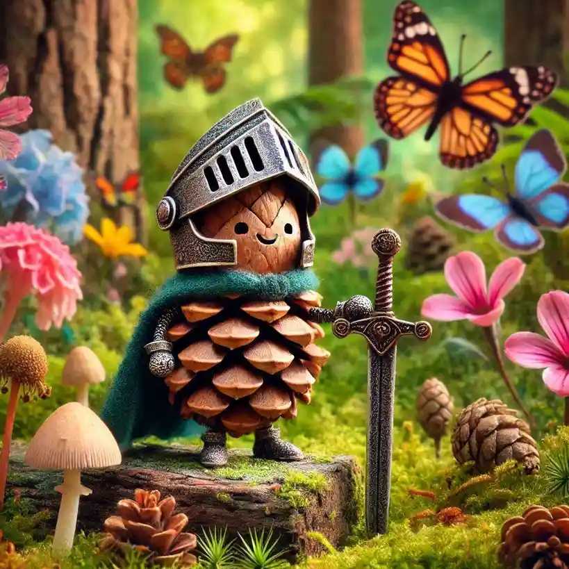 A whimsical, anthropomorphic pinecone wearing a medieval knight's helmet and a green cloak, standing proudly on a mossy log…