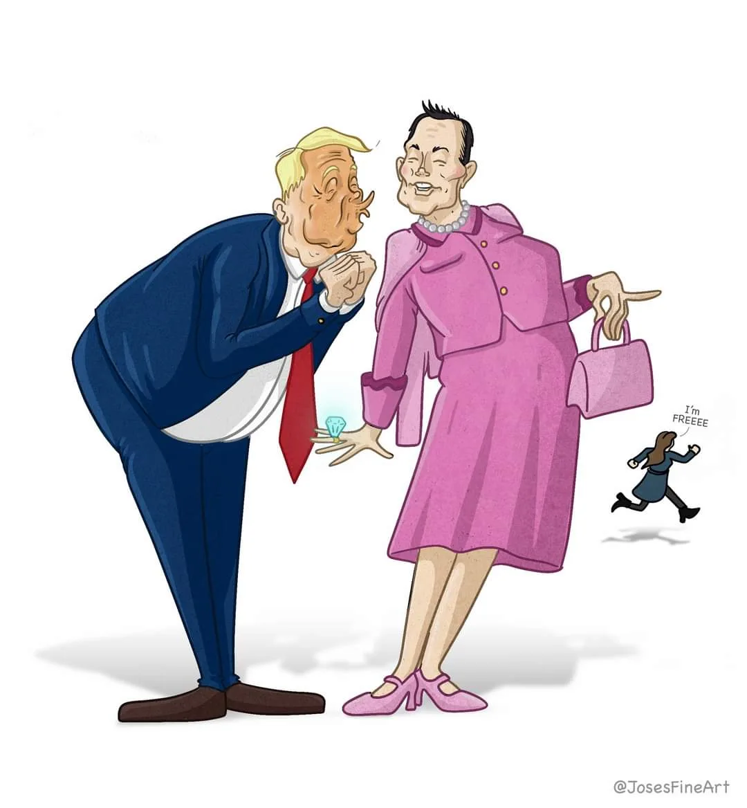 A cartoon depicts a man in a blue suit and red tie bowing to a woman in a pink coat and pearls, who holds a glowing diamond…