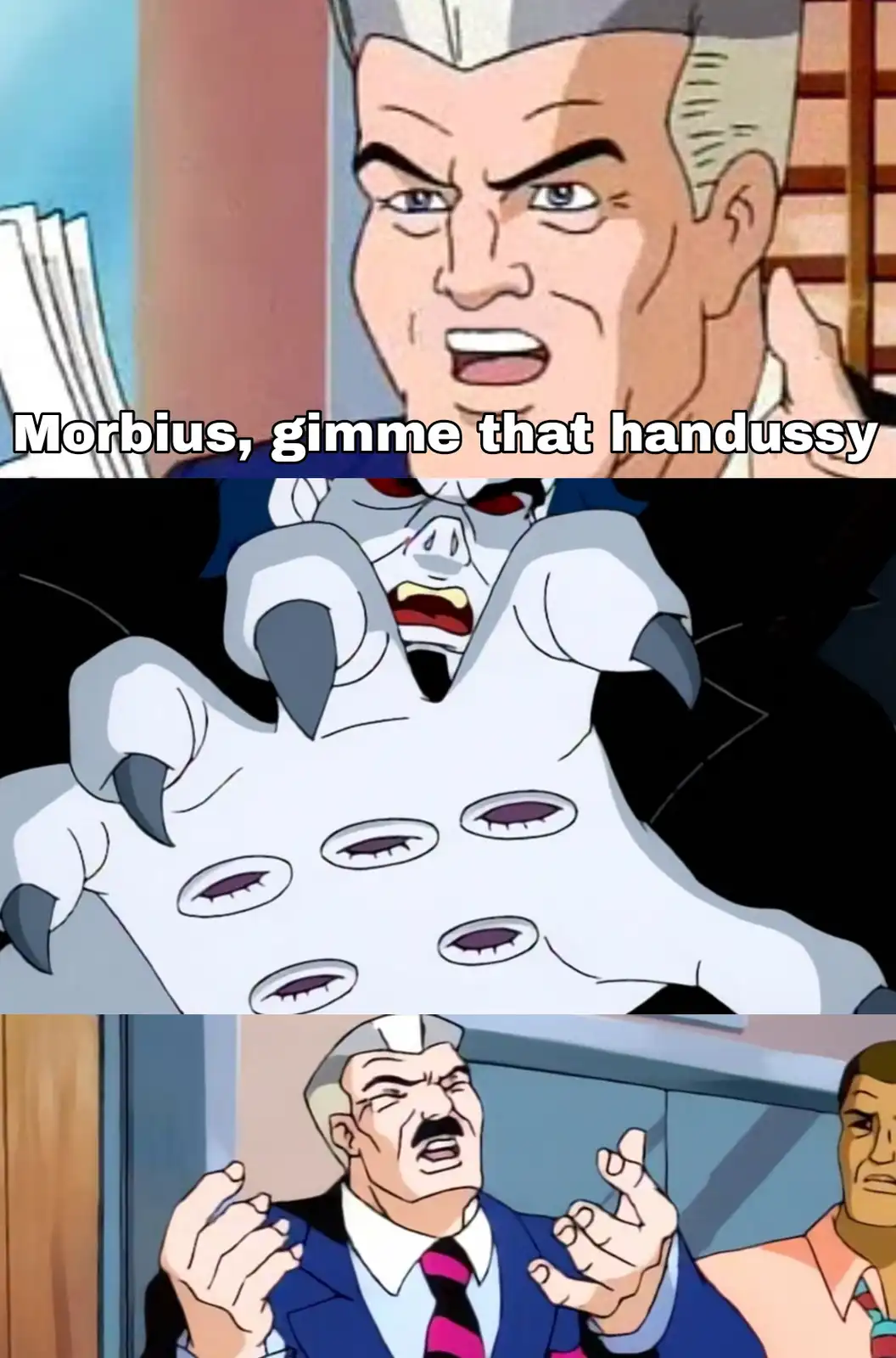 The meme features three panels from an animated series. The top panel shows a man with gray hair and a stern expression…