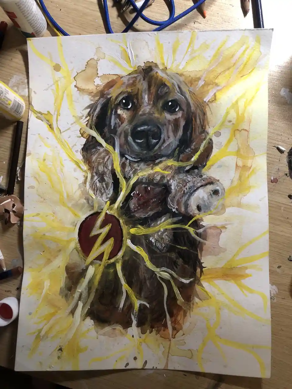 A watercolor painting of a brown dog holding a chewed toy, surrounded by yellow lightning bolts radiating outward, with a…