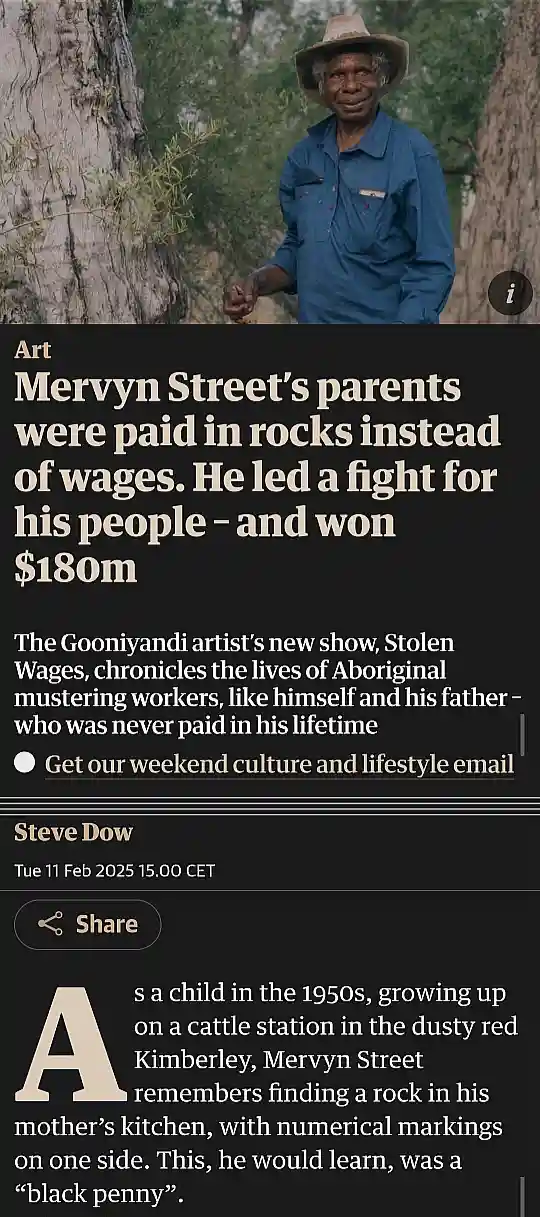 A screenshot of a news article about Aboriginal artist Mervyn Street, showing a photo of him in a blue shirt and hat…