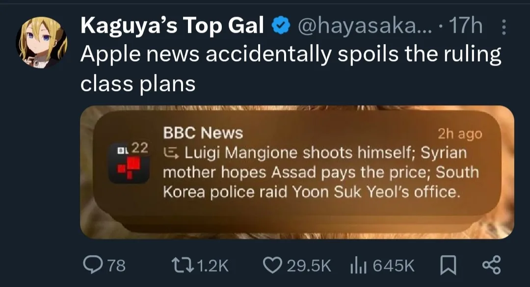 A screenshot of a Twitter post by 'Kaguya's Top Gal' shows a notification from Apple News displaying a headline from BBC…