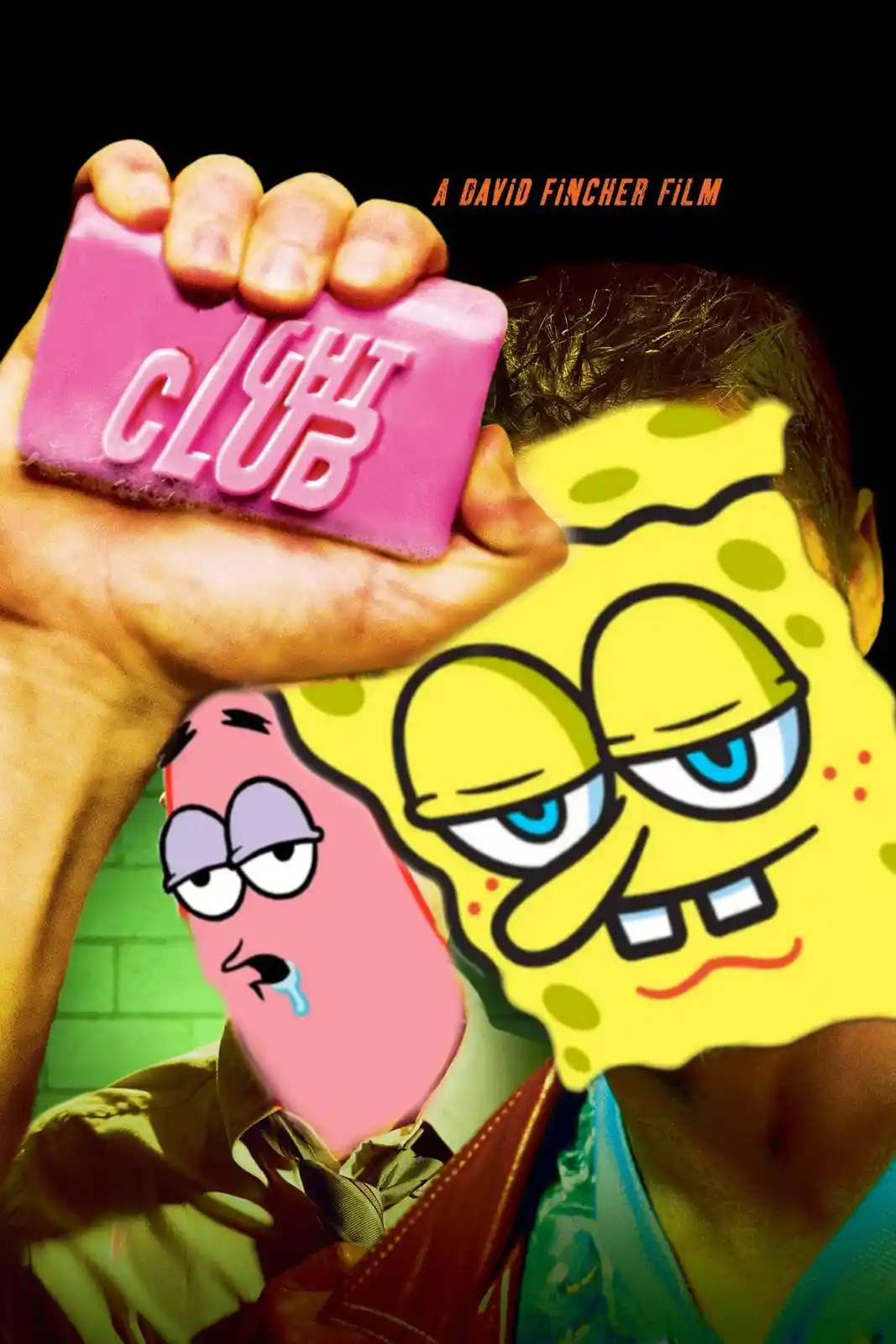The image is a parody movie poster featuring a human hand holding a pink bar of soap with 'LIGHT CLUB' embossed on it. The…