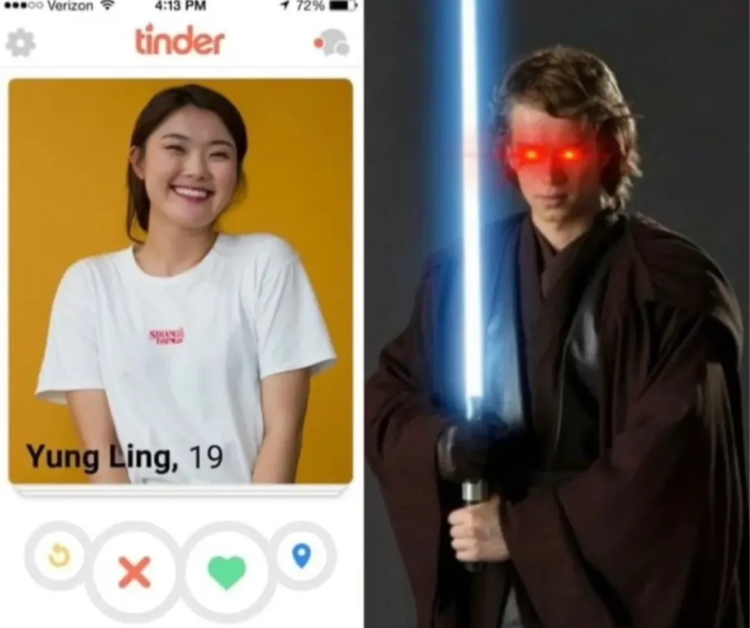 The image is a split-screen meme. On the left is a Tinder profile showing a smiling young woman named 'Yung Ling, 19'…
