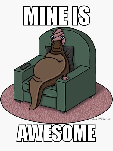 A cartoon walrus sits comfortably in a green recliner chair, wearing a pink bandage on its head, with the text 'MINE IS'…