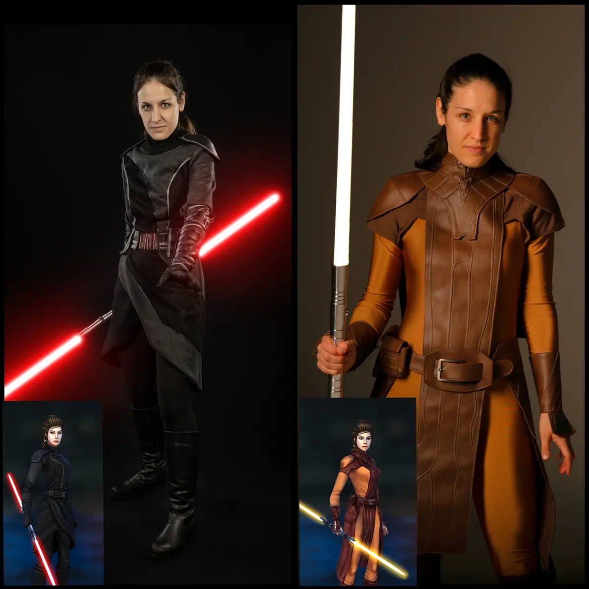 This split-image meme shows actress Daisy Ridley as the character Rey from Star Wars, first in black attire holding a red…