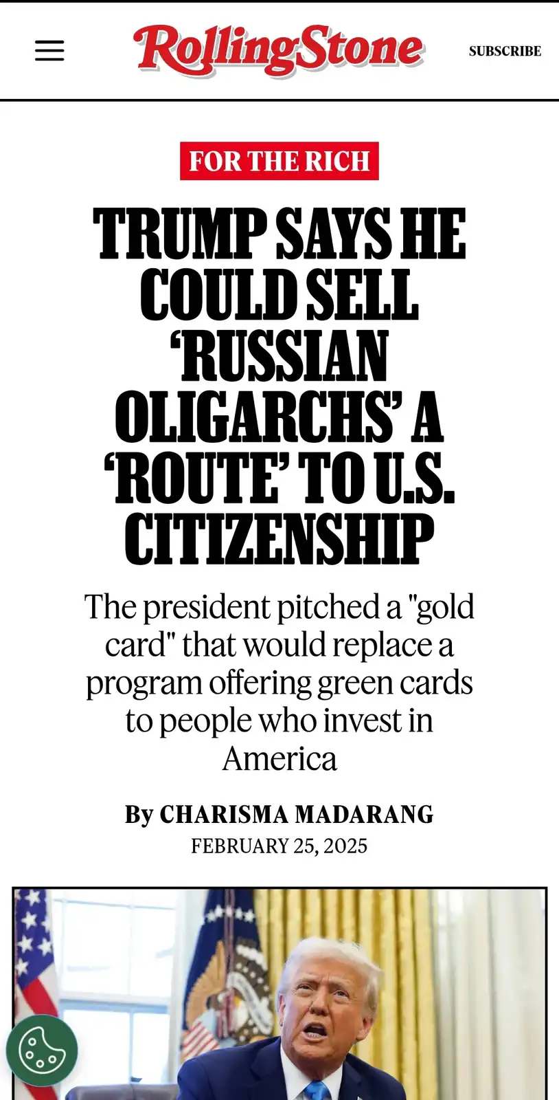 The image displays a mock Rolling Stone magazine article header with the headline 'TRUMP SAYS HE COULD SELL 'RUSSIAN…