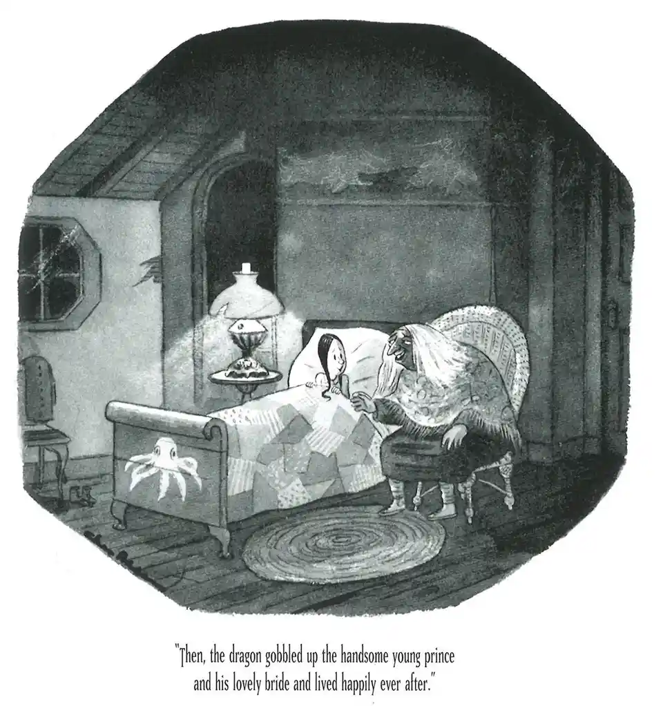 A black-and-white illustration shows a grandmother telling a bedtime story to a child in bed. The grandmother has a long…