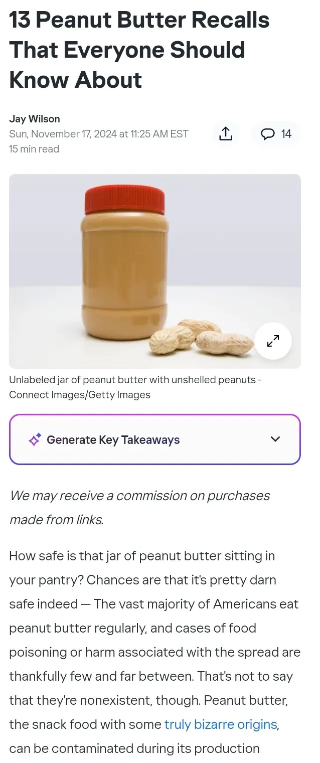 An article titled '13 Peanut Butter Recalls That Everyone Should Know About' features a photo of a jar of peanut butter with…