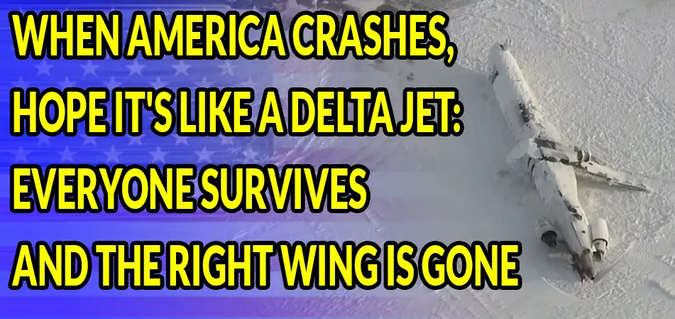 An aerial photo shows a snow-covered airplane wreckage on a snowy field, with a faded American flag background. Large yellow…