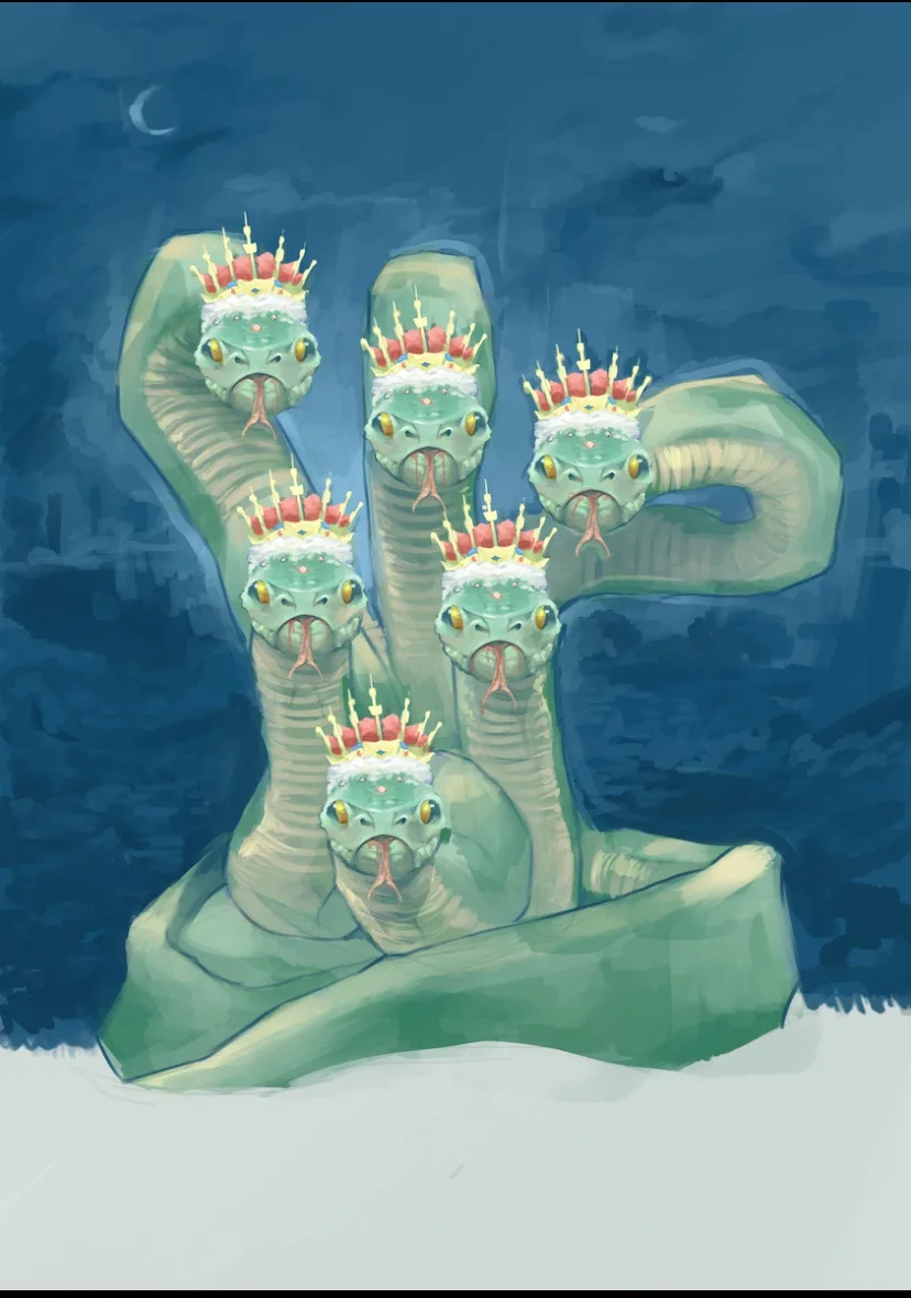 A digital painting depicts a large, green, multi-headed serpent with six heads, each crowned with a small, ornate golden…