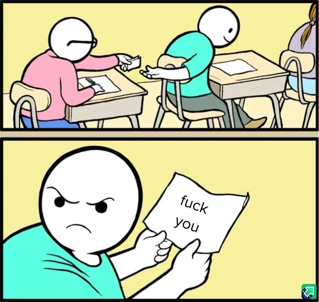 Two panels show a classroom scene: top panel, a student in pink hands a note to a student in teal who is leaning over their…