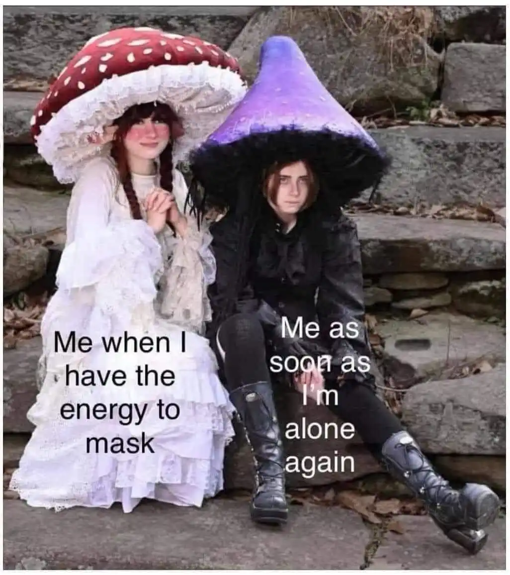 Two people in elaborate mushroom-themed costumes sit on stone steps. The person on the left wears a red-and-white spotted…