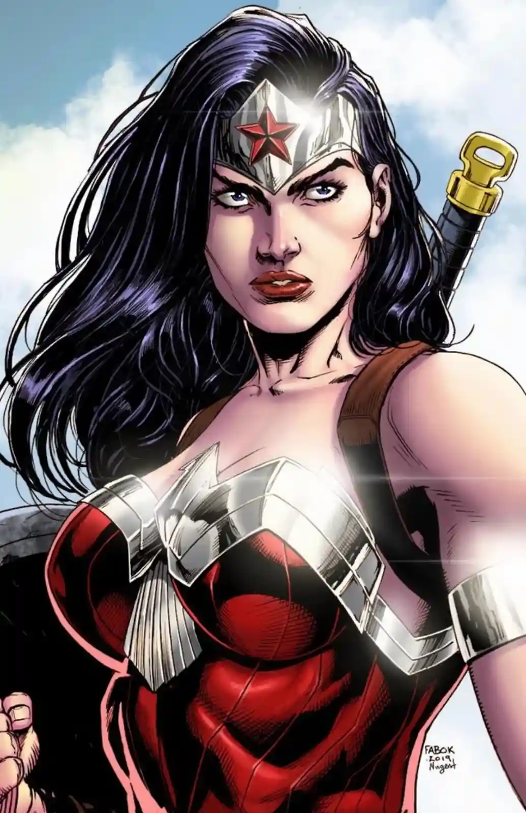 A comic book illustration of Wonder Woman with a stern expression, wearing her iconic red and silver costume with a…