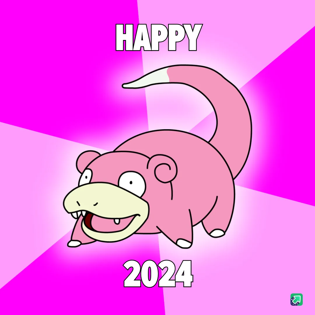 A cartoon pink Pokémon, Slowpoke, is shown with a wide, toothy grin against a vibrant pink and magenta background with…