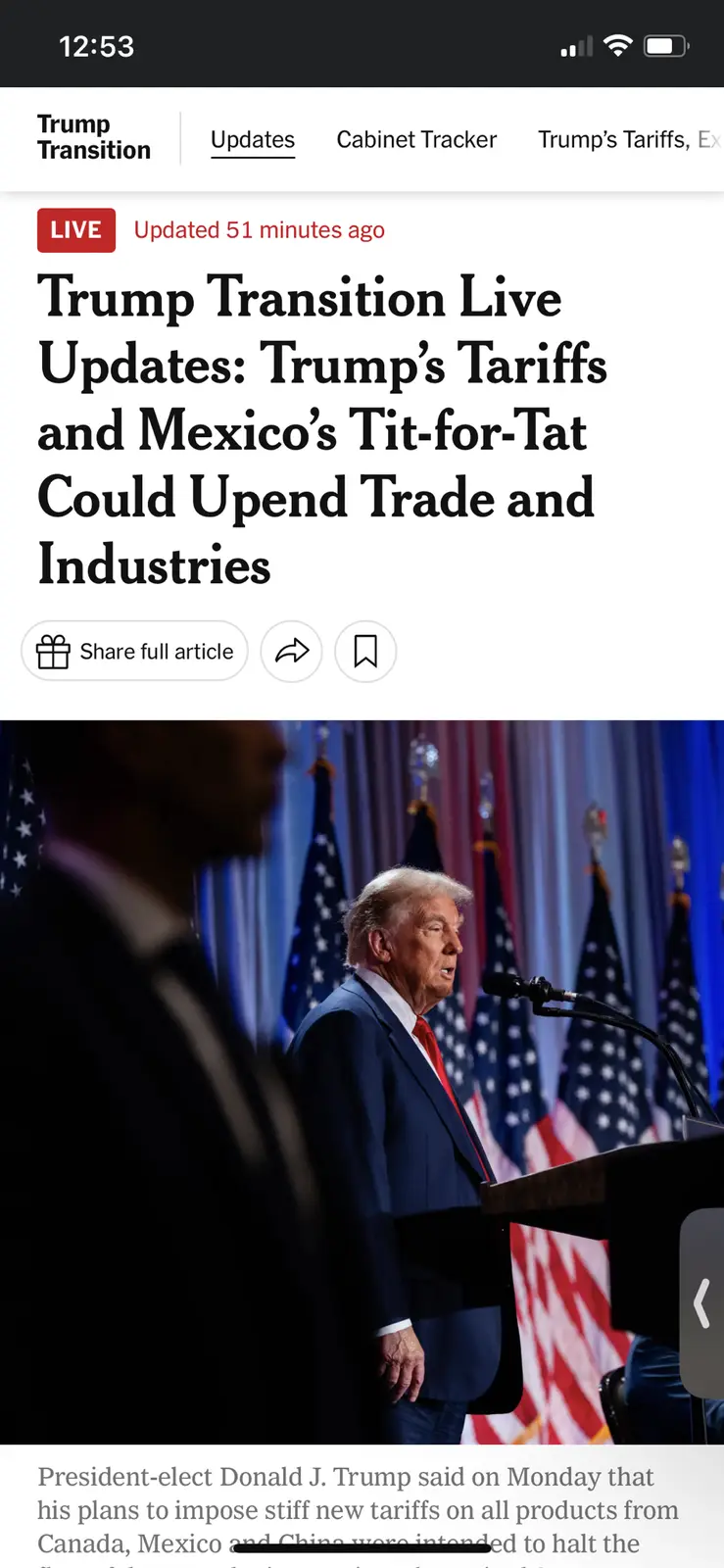 A screenshot of a news article titled 'Trump Transition Live Updates: Trump's Tariffs and Mexico's Tit-for-Tat Could Upend…