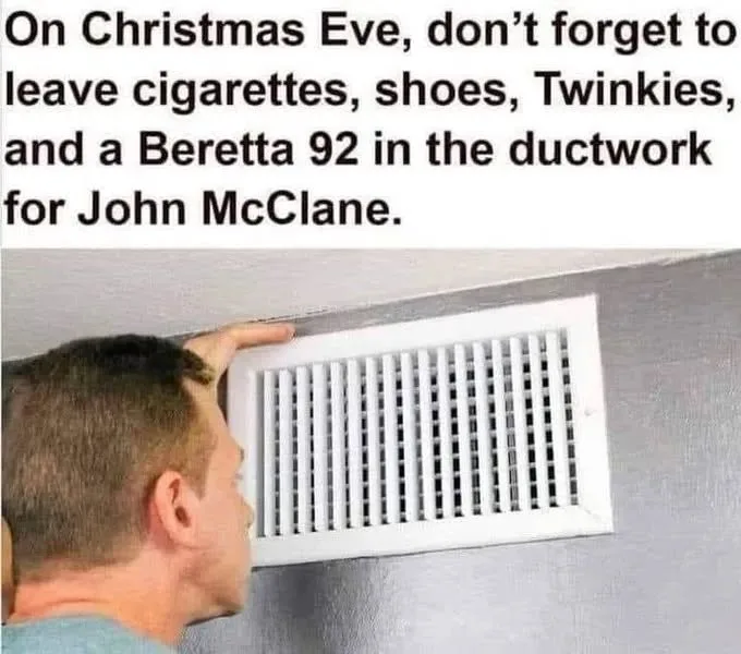 A man in profile looks up at a white rectangular air vent on a ceiling. Black text overlaid at the top reads: 'On Christmas…