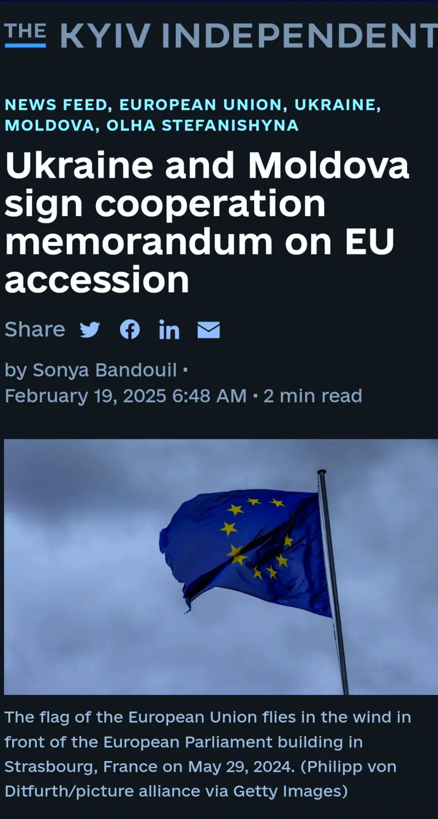 A screenshot of a news article from 'The Kyiv Independent' with the headline 'Ukraine and Moldova sign cooperation…